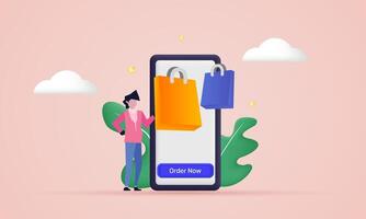 3d character online shopping on application website new idea concept design vector