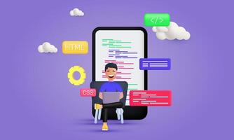 3d realistic mobile website programming coding web development influencer style design vector