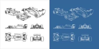set of racing car line art draw blueprint wireframe from all side view. isolated on transparent background vector