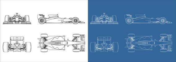 set of racing car line art draw blueprint wireframe from all side view. isolated on transparent background vector
