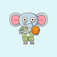 Cute elephant basketball player play basket kawaii chibi character mascot illustration outline style design vector