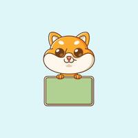Cute shiba inu dog hold blank space board banner kawaii chibi character mascot illustration outline style vector