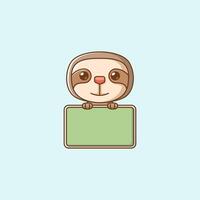 Cute sloth hold blank space board banner kawaii chibi character mascot illustration outline style vector