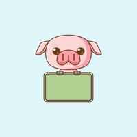 Cute hold blank space board banner pig kawaii chibi character mascot illustration outline style vector