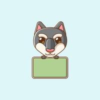Cute dog hold blank space board banner kawaii chibi character mascot illustration outline style vector