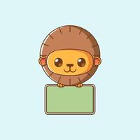 Cute lion hold blank space board banner kawaii chibi character mascot illustration outline style vector
