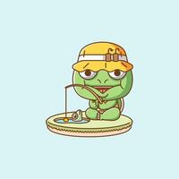 Cute turtle fishing fish on island kawaii chibi character mascot illustration outline style design vector
