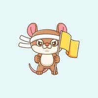 Cute mouse shouting with the flag and headband kawaii chibi character mascot illustration outline style design vector