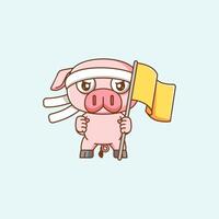 Pig cute shouting with the flag and headband kawaii chibi character mascot illustration outline style design vector