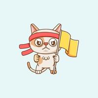 Cute cat shouting with the flag and headband kawaii chibi character mascot illustration outline style design vector
