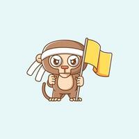 Cute monkey shouting with the flag and headband kawaii chibi character mascot illustration outline style design vector