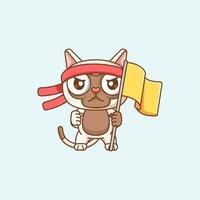 Cute cat shouting with the flag and headband kawaii chibi character mascot illustration outline style design vector