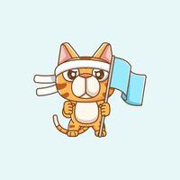 Cute stray cat shouting with the flag and headband kawaii chibi character mascot illustration outline style design vector