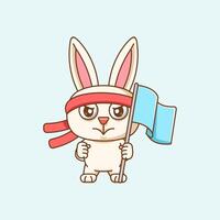 Cute rabbit shouting with the flag and headband kawaii chibi character mascot illustration outline style design vector