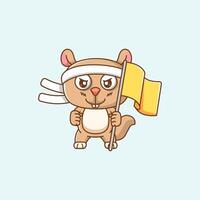 Cute squirrel shouting with the flag and headband kawaii chibi character mascot illustration outline style design vector