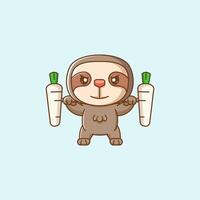 Cute sloth lifting turnip barbel food kawaii chibi character mascot illustration outline style design vector
