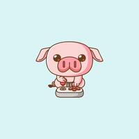 Cute pig Gamer Playing Game with joystick kawaii chibi character mascot illustration outline style design vector