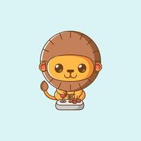 Cute lion Gamer Playing Game with joystick kawaii chibi character mascot illustration outline style design vector