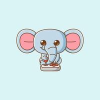 Cute elephant Gamer Playing Game with joystick kawaii chibi character mascot illustration outline style design vector