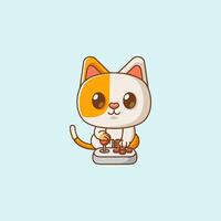 Cute cat Gamer Playing Game with joystick kawaii chibi character mascot illustration outline style design vector