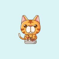 Cute cat Gamer Playing Game with joystick kawaii chibi character mascot illustration outline style design vector