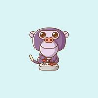 Cute ape Gamer Playing Game with joystick kawaii chibi character mascot illustration outline style design vector