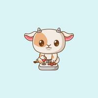 Cute goat Gamer Playing Game with joystick kawaii chibi character mascot illustration outline style design vector