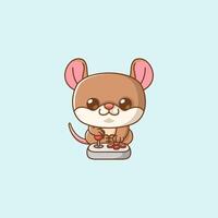 Cute mouse Gamer Playing Game with joystick kawaii chibi character mascot illustration outline style design vector