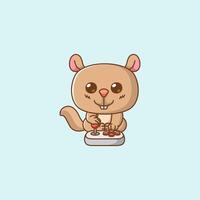 Cute squirrel Gamer Playing Game with joystick kawaii chibi character mascot illustration outline style design vector