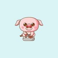 Cute pig Gamer Playing Game with joystick kawaii chibi character mascot illustration outline style design vector