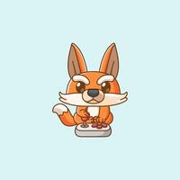 Cute fox Gamer Playing Game with joystick kawaii chibi character mascot illustration outline style design vector