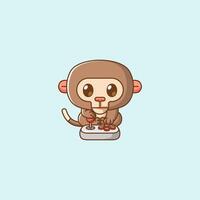 Cute monkey Gamer Playing Game with joystick kawaii chibi character mascot illustration outline style design vector