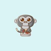 Cute monkey ape Gamer Playing Game with joystick kawaii chibi character mascot illustration outline style design vector