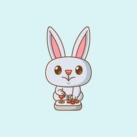 Cute rabbit Gamer Playing Game with joystick kawaii chibi character mascot illustration outline style design vector