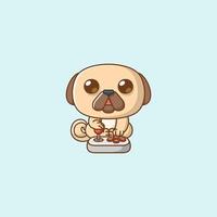Cute pug dog Gamer Playing Game with joystick kawaii chibi character mascot illustration outline style design vector