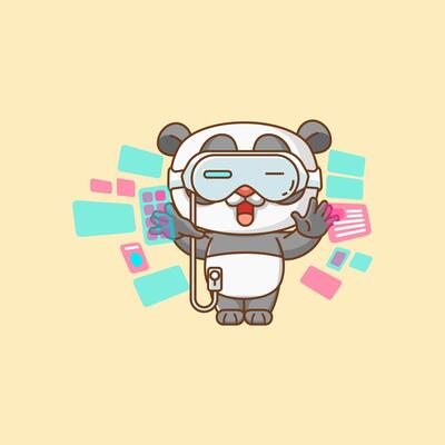 Cute panda interact virtual reality glasses vr kawaii chibi character mascot illustration outline style
