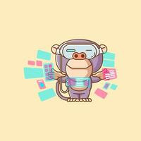 Cute monkey interact virtual reality glasses vr kawaii chibi character mascot outline style design vector