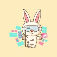 Cute rabbit interact virtual reality glasses vr kawaii chibi character mascot illustration outline style vector
