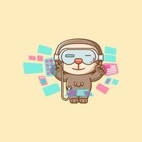 Cute sloth interact virtual reality glasses vr kawaii chibi character mascot illustration outline style design vector