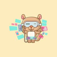 Cute squirrel interact virtual reality glasses vr kawaii chibi character mascot illustration outline style design vector