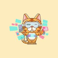 Cute cat interact virtual reality glasses vr kawaii chibi character mascot illustration outline style design vector