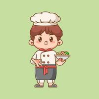 Cute chef cook serve noodles kawaii chibi character mascot illustration outline style design vector