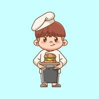 Cute chef cook serve hamburger kawaii chibi character mascot illustration outline style design vector