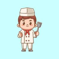 Cute chef cook hold spatula kawaii chibi character mascot illustration outline style design vector