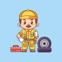 Cute thumbs up mechanic with tool at workshop kawaii chibi character mascot illustration outline style design vector