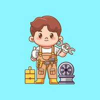 Cute thumbs mechanic confident with tool at workshop kawaii chibi character mascot illustration outline style design vector