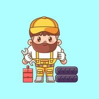 Cute beard mechanic with tool at workshop kawaii chibi character mascot illustration outline style design vector