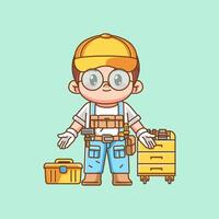 Cute friendly mechanic with tool at workshop kawaii chibi character mascot illustration outline style design vector
