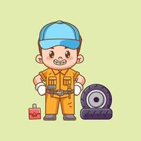 Cute confident mechanic with tool at workshop kawaii chibi character mascot illustration outline style design vector