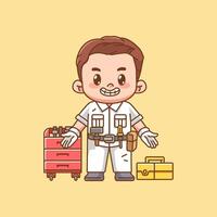 Cute welcome mechanic with tool at workshop kawaii chibi character mascot illustration outline style design vector